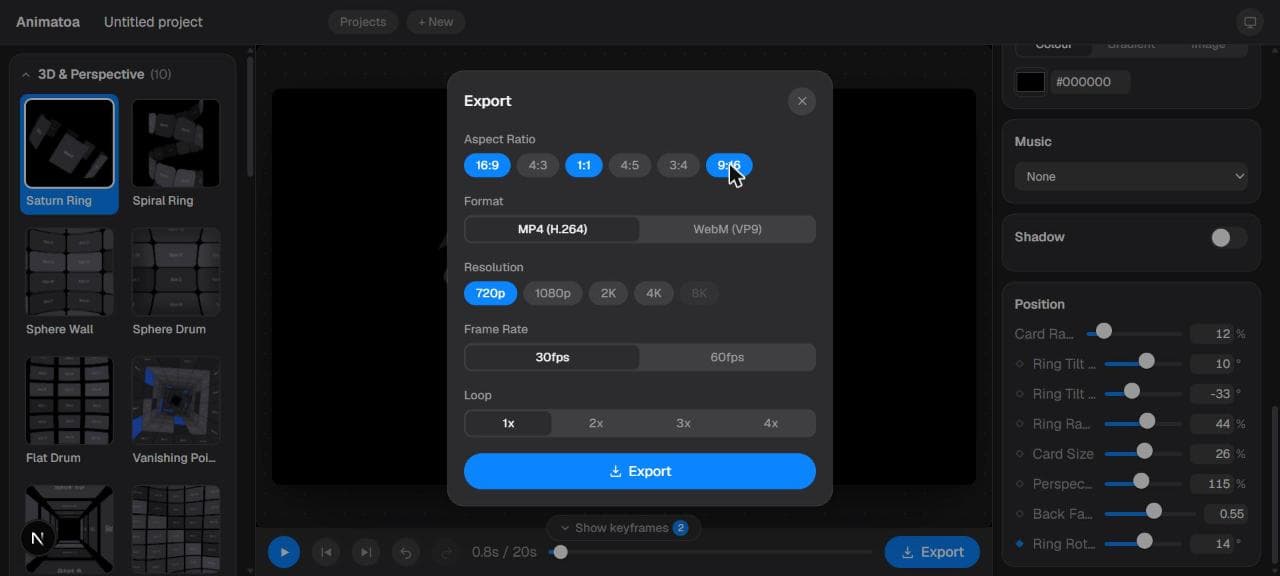 The Animatoa editor's export dialog, with multiple aspect ratios selected for a single-pass export