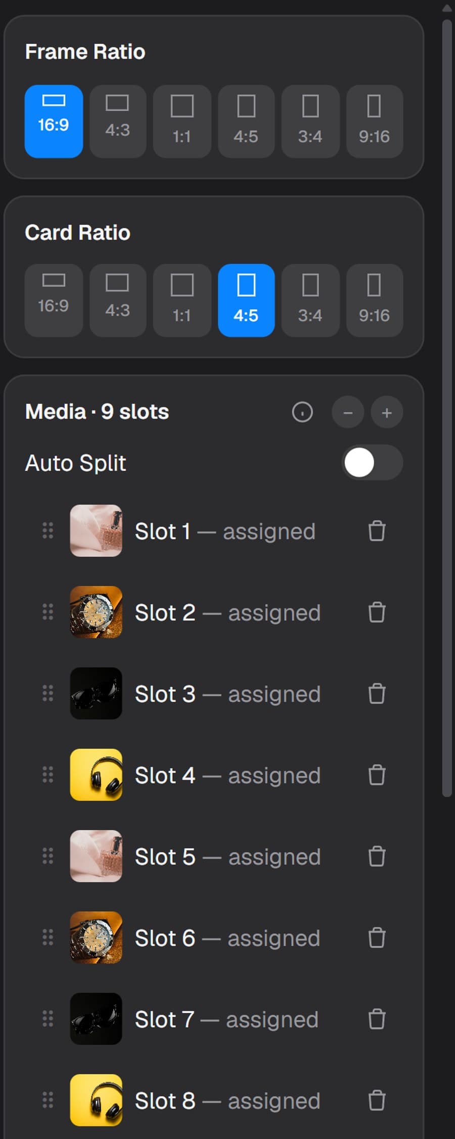 The Animatoa editor's media-slot panel, with photos thumbnailed instantly after being dropped in
