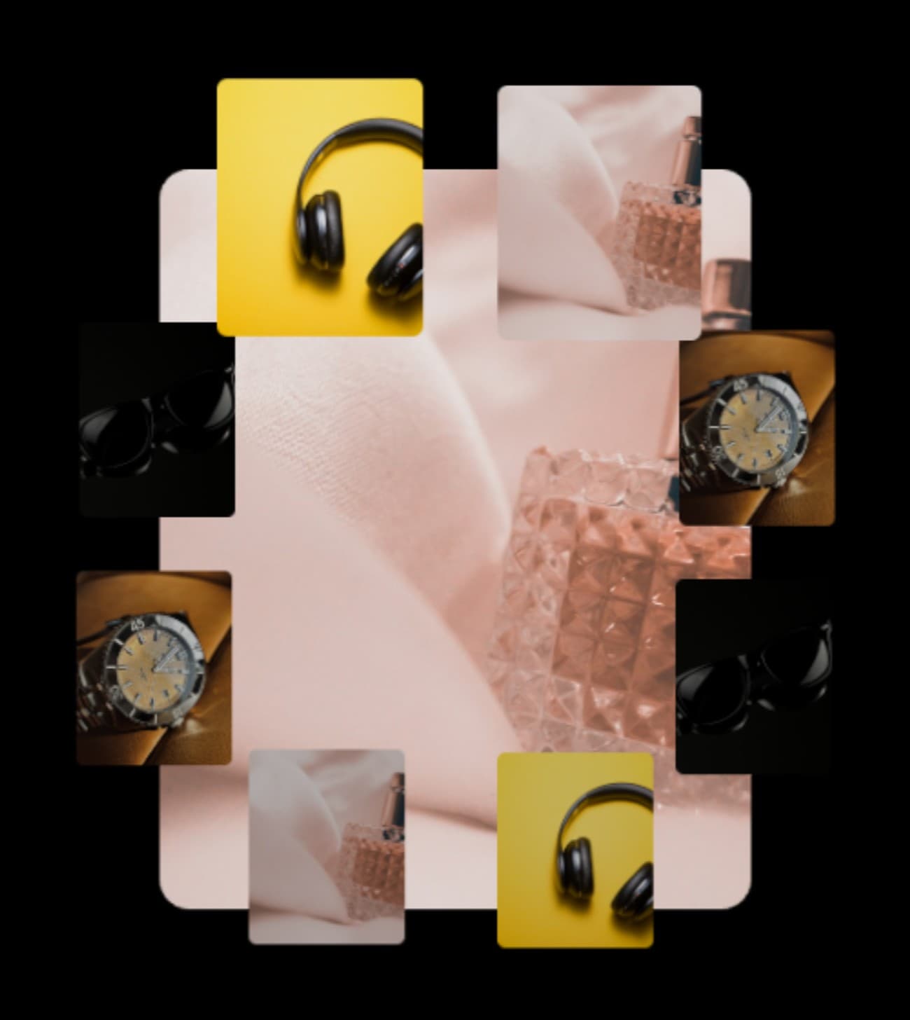 A live 3D product showcase scene in the Animatoa editor, with real product photos in perspective