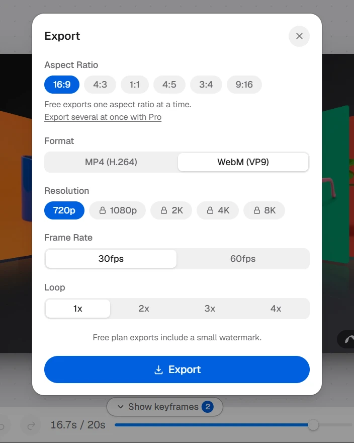 The Animatoa export dialog on the Free plan: 720p selected, one aspect ratio at a time, with a watermark note