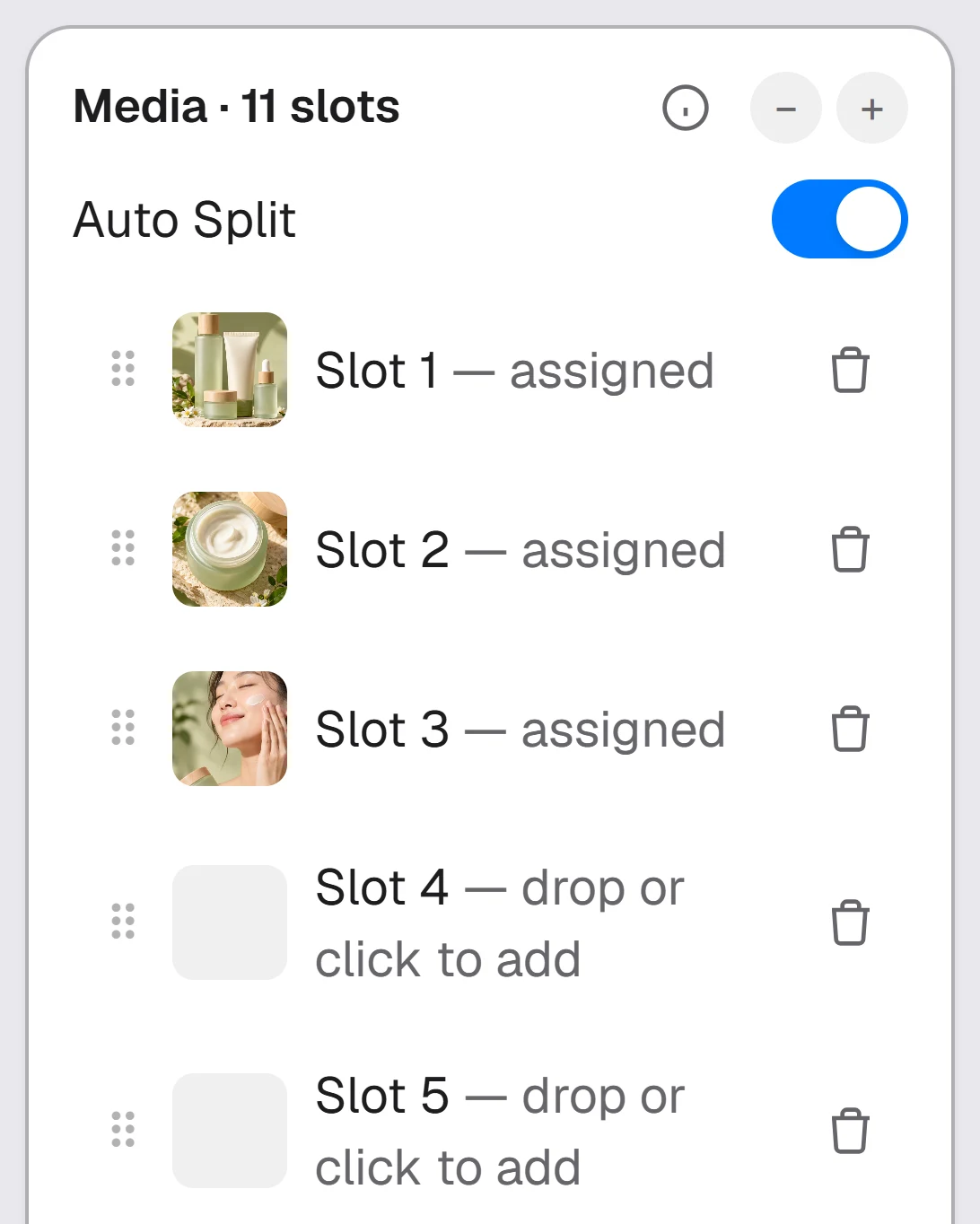 The Animatoa editor's media-slot panel, with photos thumbnailed instantly after being dropped in