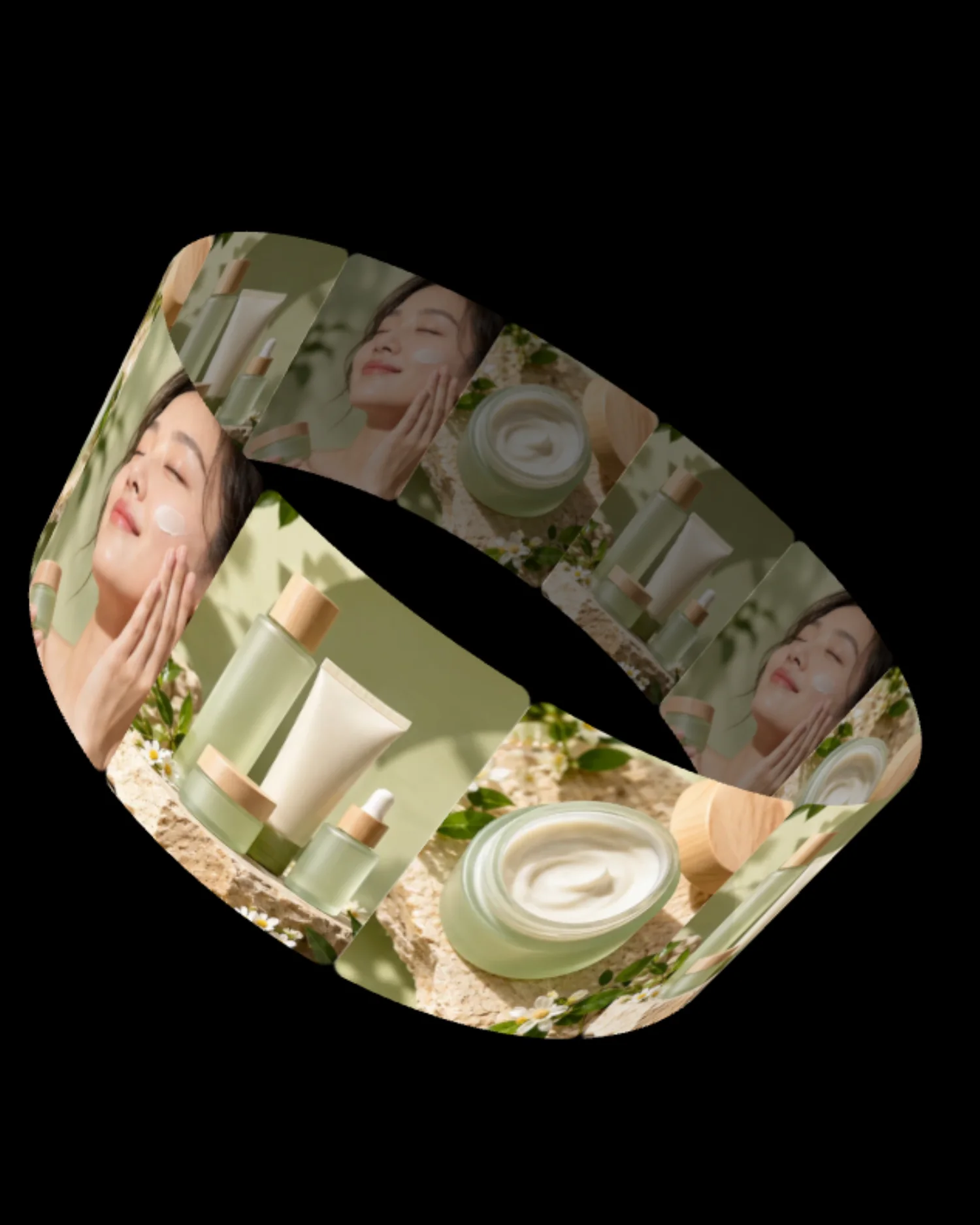 A live 3D product showcase scene in the Animatoa editor, with real product photos in perspective