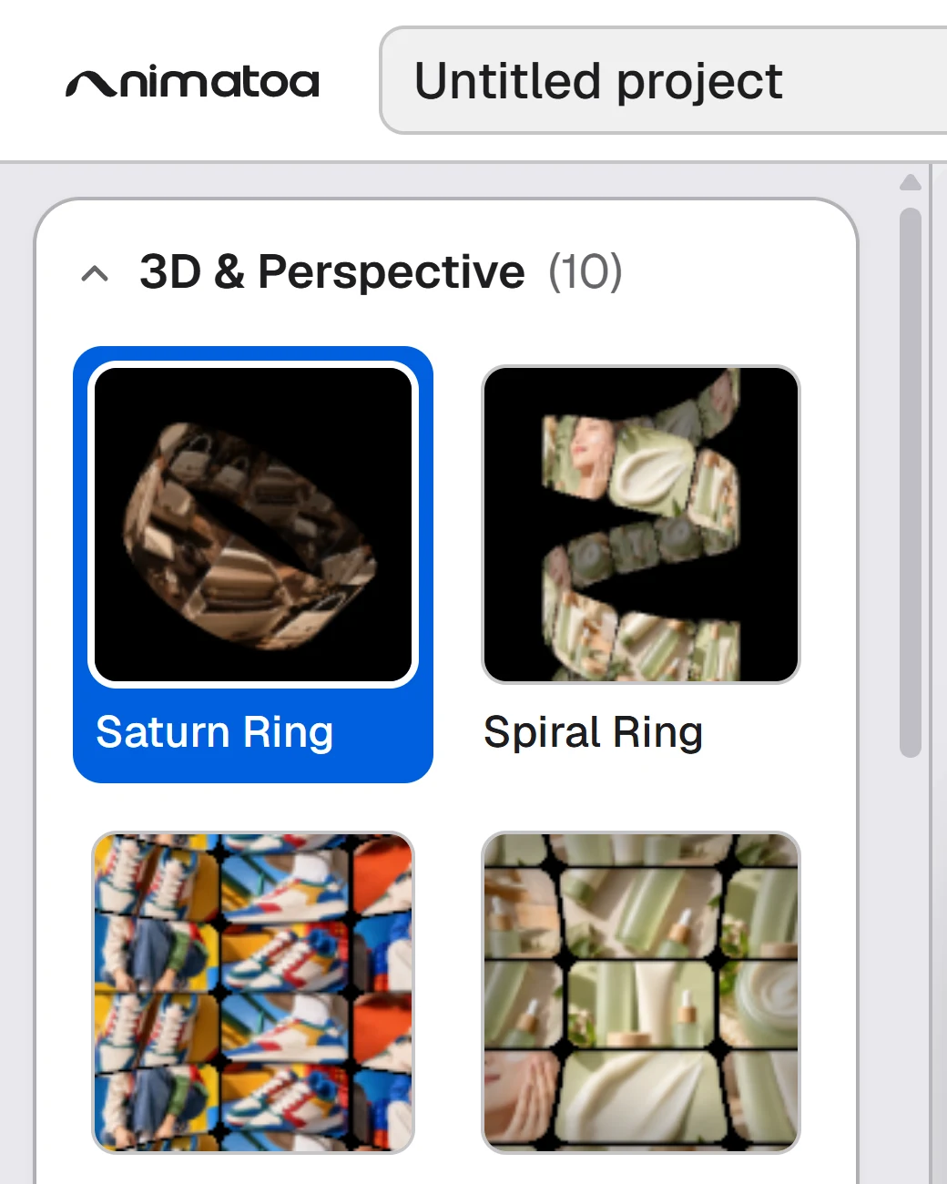 Animatoa's template gallery sidebar, organized into showcase categories