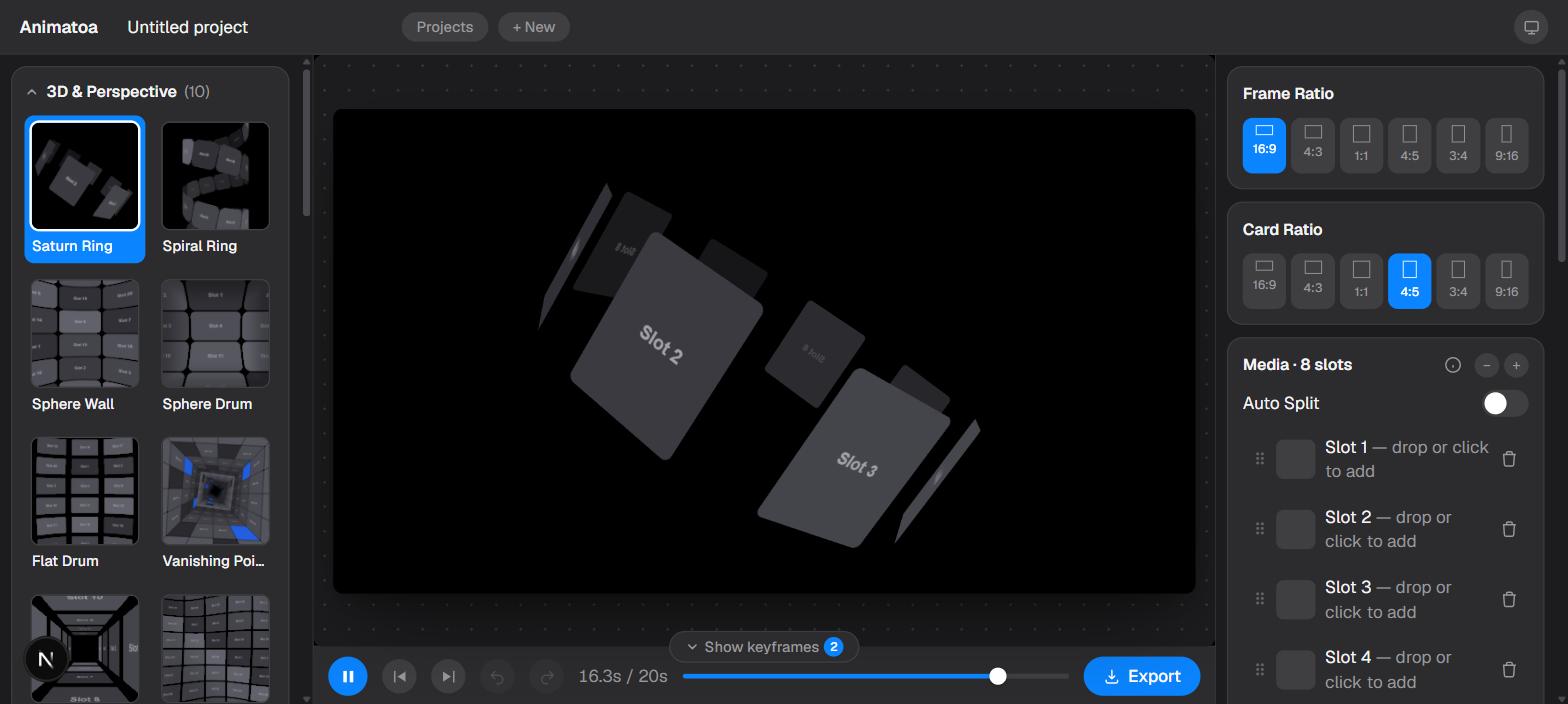 The Animatoa editor, with a template's parameter panel and media slots open